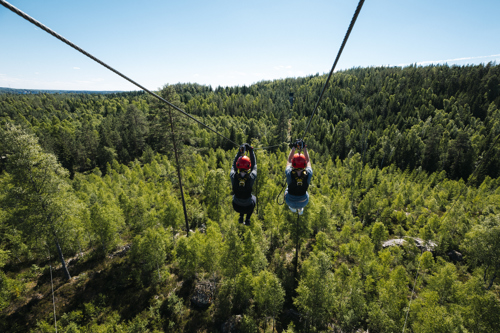 Två personer som åker zipline ner över trädtopparna.