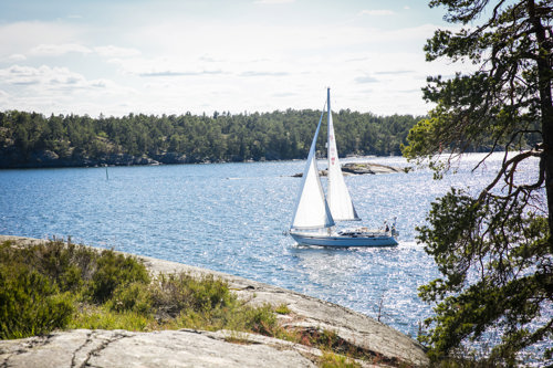 Segelbåt i solsken bland kobbar utanför Västervik